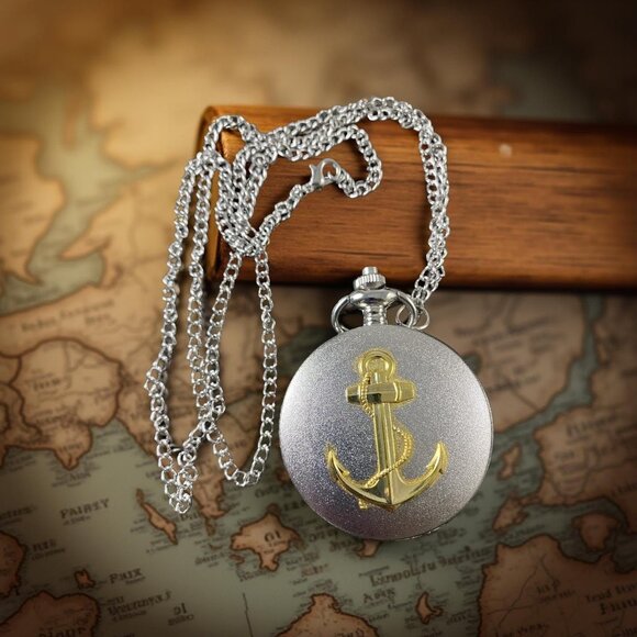 Nautical Anchor Pocket Watch Silver Quartz Necklace 32" Chain Steampunk Gift - Picture 1 of 3